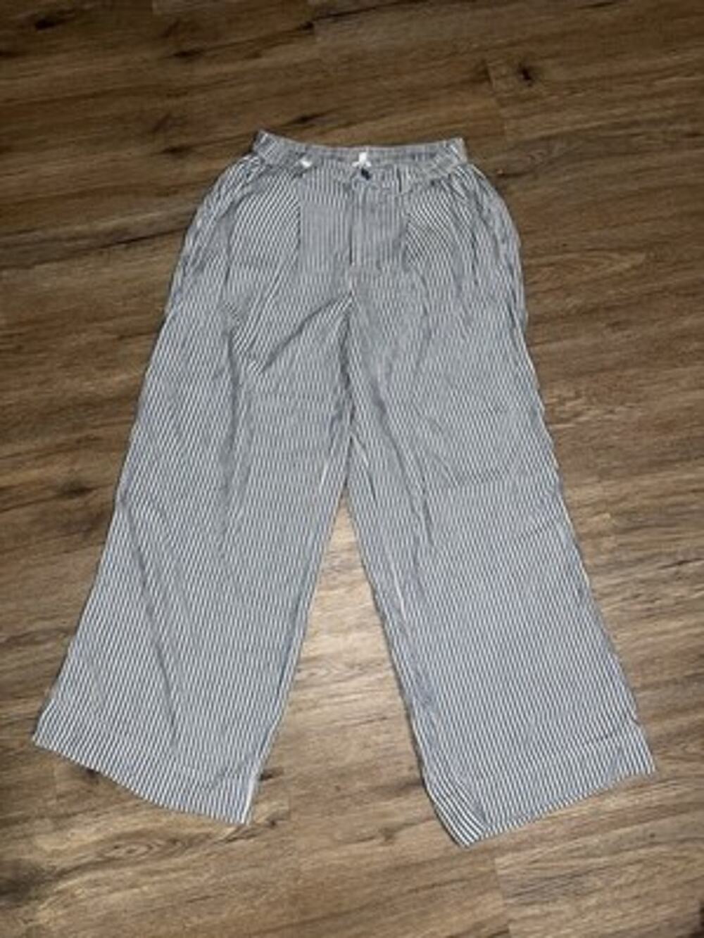 Aerie Blue Striped Linen Blend Wide Leg Pants Elastic Waist Size Large Long